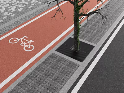 Modern Urban Street Tree Pit With Gray Paving And Red Cycle Lane 3d model