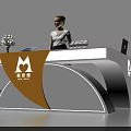 Exhibition Reception Desk With Female Staff Laptop And Flower Decoration