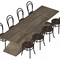 Rustic Wooden Dining Table Set With Black Metal Frame Chairs And Brown Cushions