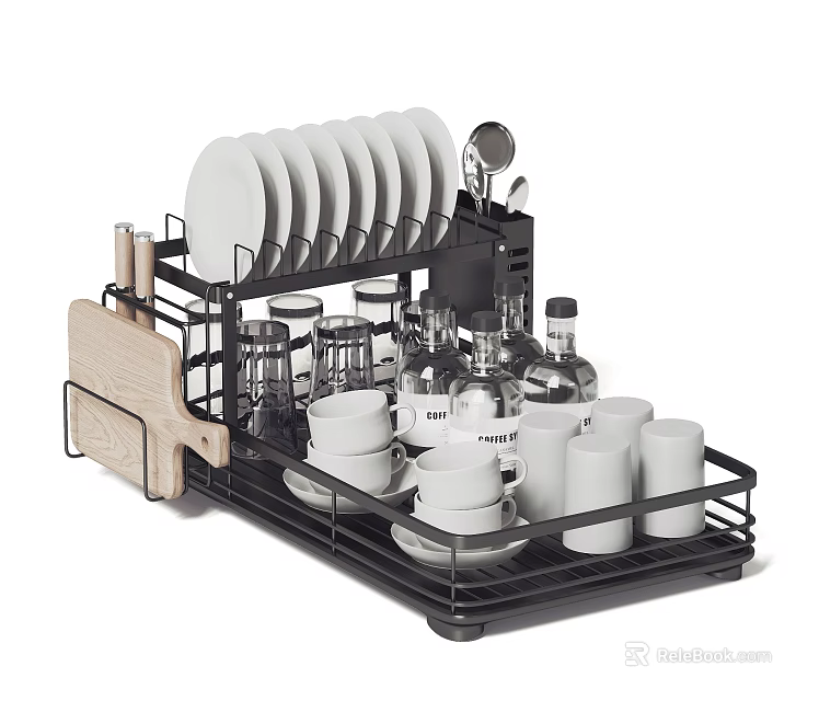 Black Metal Dish Drying Rack With Plates Cups Glasses And Utensils 3d model 