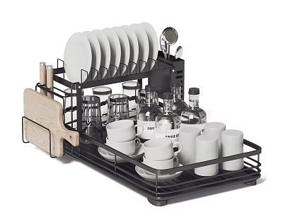 Black Metal Dish Drying Rack With Plates Cups Glasses And Utensils 3d model
