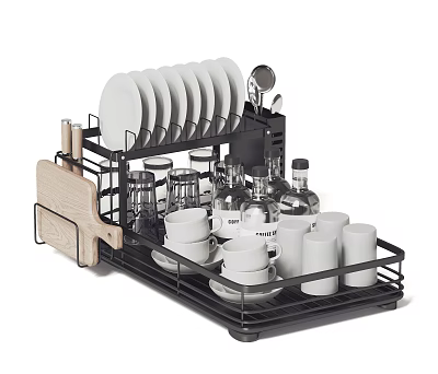 Black Metal Dish Drying Rack With Plates Cups Glasses And Utensils 3d model