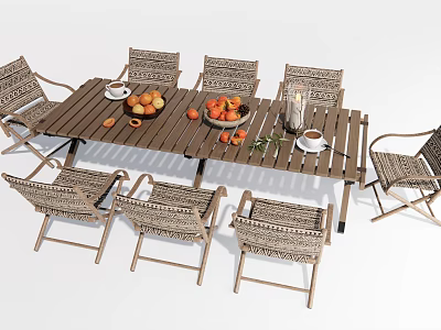 Outdoor Table With Wicker Chairs Fruits And Coffee Cups In Patio Setting 3d model