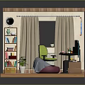 Home Office Room With Bookshelf Computer Desk TV Green Chair Wall Art And Carpet