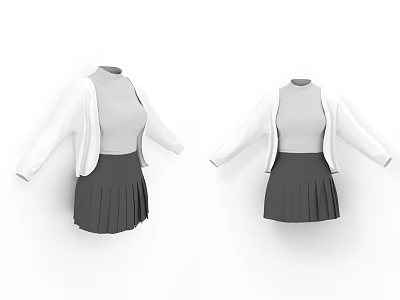 Stylish Women's Clothes With White Cardigan Gray Turtleneck Top And Pleated Skirt 3d model