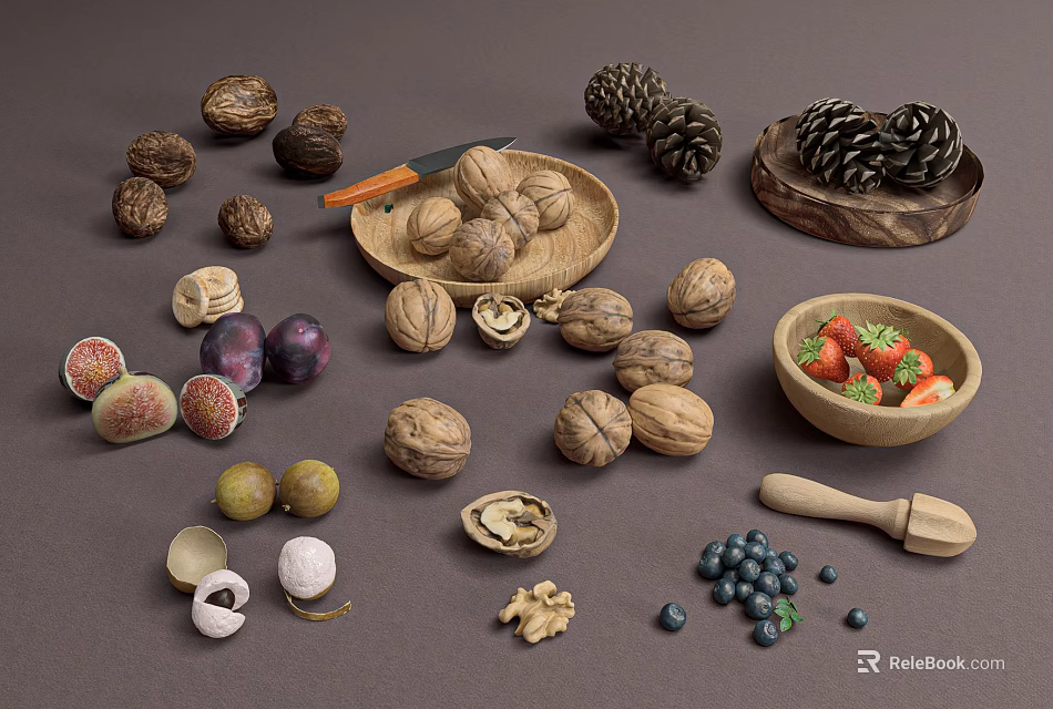Assorted Walnuts Figs Plums Strawberries And Blueberries Arranged In Wooden Bowls On Table 3d model 