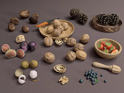 Assorted Walnuts Figs Plums Strawberries And Blueberries Arranged In Wooden Bowls On Table 3d model