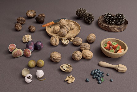 Modern nuts dried fruit plate snacks berries walnut pine nuts fig blueberry strawberry table top jewelry 3d model