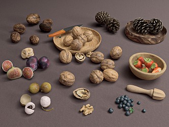 Modern nuts dried fruit plate snacks berries walnut pine nuts fig blueberry strawberry table top jewelry 3d model