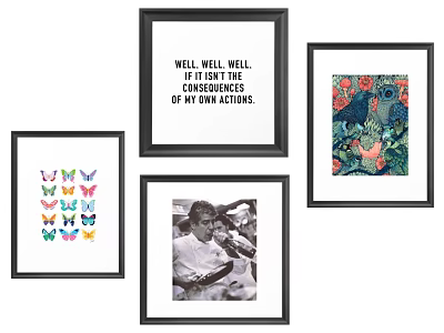 Black Framed Decorative Wall Art With Butterfly Text Portrait And Floral Designs 3d model