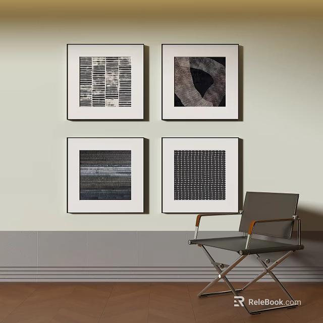Modern Single Chair With Metal Frame Armrests Against Light Wall And Four Framed Artworks 3d model 