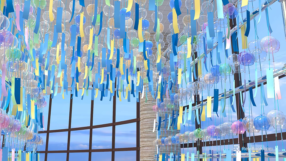 Hanging Art Installation With Colorful Transparent Bubbles Paper Strips Large Windows And Blue Sky 3d model 