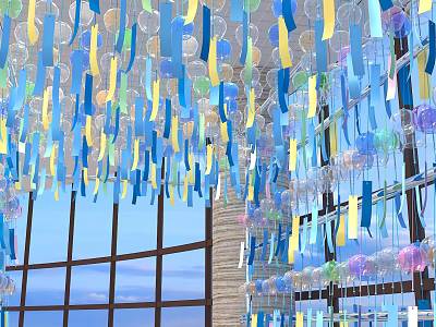 Hanging Art Installation With Colorful Transparent Bubbles Paper Strips Large Windows And Blue Sky 3d model