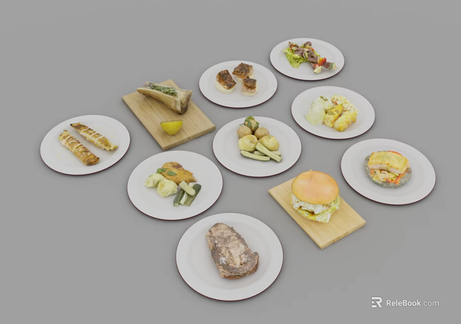 Assorted Food Plates On Wooden Boards With Sandwiches Grilled Meat Vegetables And Burger 3d model 