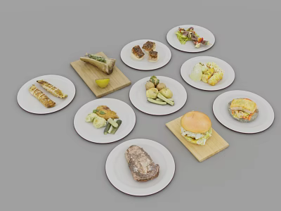 Assorted Food Plates On Wooden Boards With Sandwiches Grilled Meat Vegetables And Burger 3d model