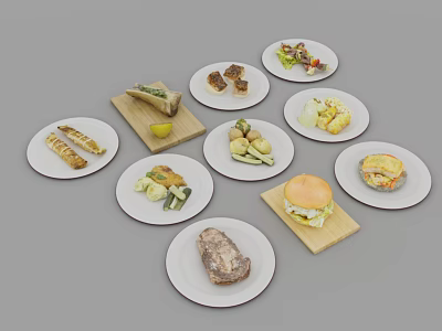 Assorted Food Plates On Wooden Boards With Sandwiches Grilled Meat Vegetables And Burger 3d model