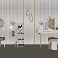 Modern Vanity Table With Mirrors White Striped Walls Pendant Lights Pink Stools Vases And Cosmetics