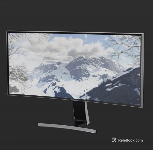 Computer Monitor Displaying Snowy Mountain View With Cloudy Sky Tree Branches And Modern Stand Design 3d model 