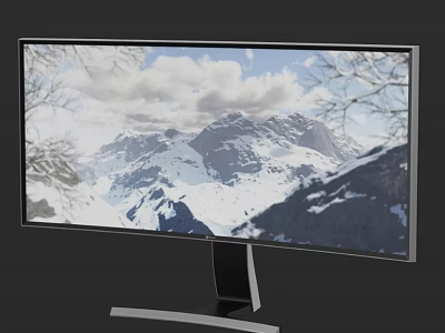 Computer Monitor Displaying Snowy Mountain View With Cloudy Sky Tree Branches And Modern Stand Design 3d model