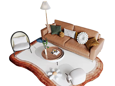 Brown Sofa Coffee Table Set With Decorative Cushions Tabletop Decor Area Rug And Floor Lamp 3d model