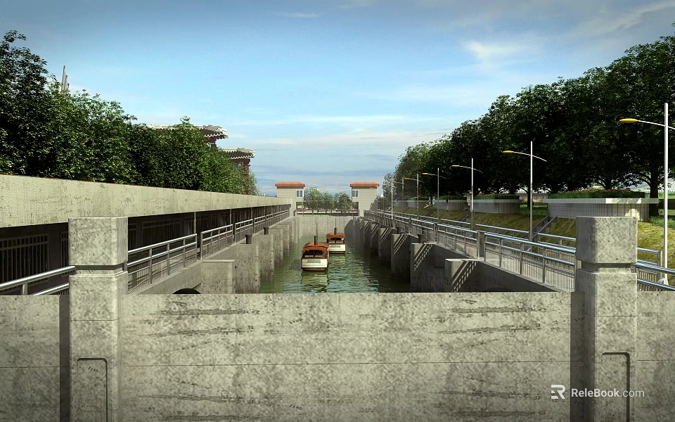 Roadside Infrastructure Featuring Water Channel Concrete Walls Guardrails and Boats with Trees 3d model 