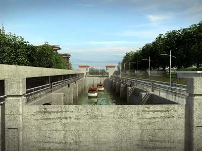 Roadside Infrastructure Featuring Water Channel Concrete Walls Guardrails and Boats with Trees 3d model