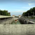 Roadside Infrastructure Featuring Water Channel Concrete Walls Guardrails and Boats with Trees