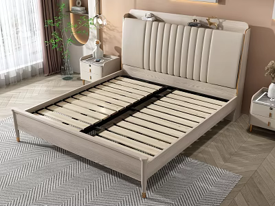 Elegant Modern Double Bed With Vertical Tufted Headboard And Wooden Frame Nightstands And Table Lamps 3d model