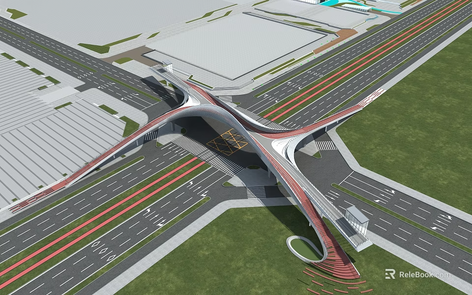 Unique Modern Bridge At Traffic Intersection With Streamlined Wing Structure And Surrounding Roads 3d model 