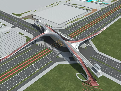 Unique Modern Bridge At Traffic Intersection With Streamlined Wing Structure And Surrounding Roads 3d model