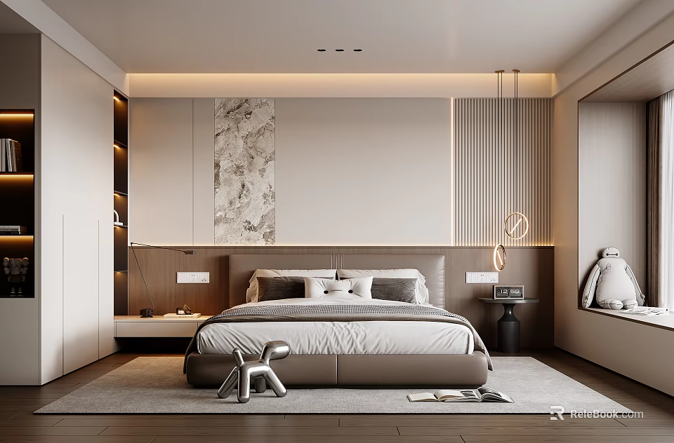Minimalist Modern Bedroom Interior With Large Bed And Marble Texture Wall And Soft Rug 3d model 