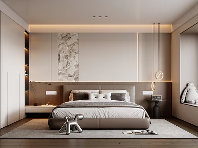 Minimalist Modern Bedroom Interior With Large Bed And Marble Texture Wall And Soft Rug 3d model
