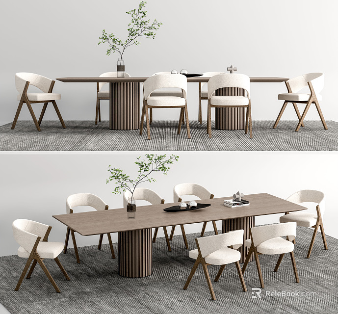 Modern Minimalist Dining Table Set With Wooden Table White Chairs And Green Plant Vase 3d model 