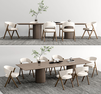 Modern Dining Table and Chair Combination Long Table Dining Chair Green Plant Vase Ornaments Carpet 3d model