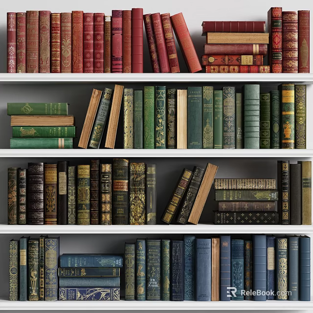 Colorful Books Collection On White Bookshelves With Varied Sizes And Bindings 3d model 