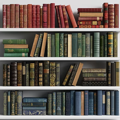 Colorful Books Collection On White Bookshelves With Varied Sizes And Bindings 3d model