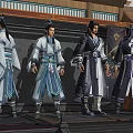 Ancient Costume Male Game Characters Standing With Traditional Building Background And Decorative Robes