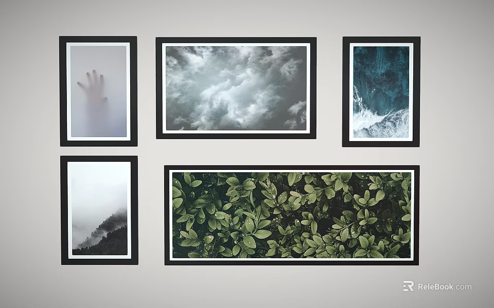 Landscape Paintings on Gray Wall with Black Frames Featuring Cloudy Sky Ocean Waves Green Leaves 3d model
