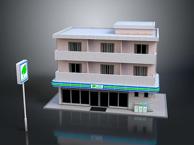 Three Story Building With Ground Floor Shop Green Blue Stripe Signboard And Road Sign 3d model