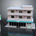 Three Story Building With Ground Floor Shop Green Blue Stripe Signboard And Road Sign