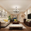 Dining Living Room Interior With Open Layout Chandelier Table Chairs Floral Wallpaper And Natural Light