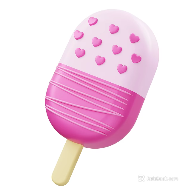 Pink Ice Cream Bar With Heart Decorations And White Stripes On Wooden Stick 3d model 