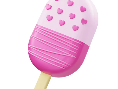 Pink Ice Cream Bar With Heart Decorations And White Stripes On Wooden Stick 3d model