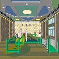 Children's Indoor Play Area With Colorful Ceiling Yellow Slide And Climbing Walls