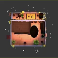 Cartoon Scene Of Box Shaped Room With Pink Purple Bed Plants Mirror And Stars