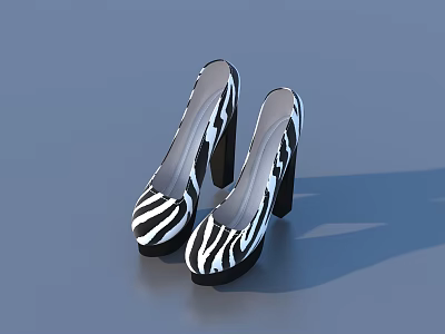 Stylish Zebra Print High Heels With Black And White Pattern And Block Heel 3d model