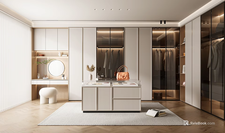 Modern Walk In Closet Interior With Vanity Mirror And Bag 3d model 