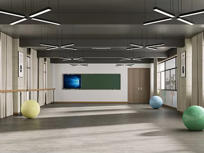 Spacious Fitness Studio With Colorful Exercise Balls Wooden Barres Green Chalkboard And Large TV 3d model
