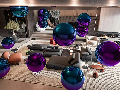 Modern Living Room Sofa Coffee Table Set With Blue Purple Metallic Decorative Balls 3d model