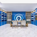Elegant Tobacco and Liquor Store Interior Design with Blue Shelves Display Cabinets and Marble Flooring